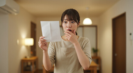 手紙 通知 請求書 答案用紙 を片手に驚愕の表情を浮かべる若い主婦の上半身ポートレートLetter, notice, bill, answer sheet in hand, upper body portrait of a young housewife with a startled expression on her face.