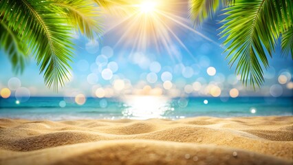 summer banner sunny sand with palm leaves in tropical beach