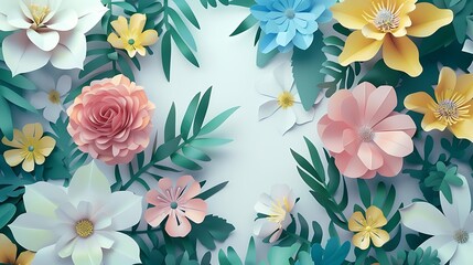 Fototapeta premium A minimalist 3D paper-cut illustration of blooming flowers in pink, blue, yellow, and white tones, surrounded by lush green leaves, on a clean white backdrop. 8k UHD, suitable for high-quality 