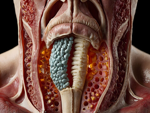 The Human Tonsils: Immune Defense: An educational diagram of the tonsils, showing their location in the throat and role in immune defense. 