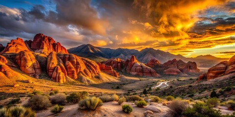 Vibrant orange and pink hues dance across the desert sky at sunset, illuminating majestic sandstone formations and vast