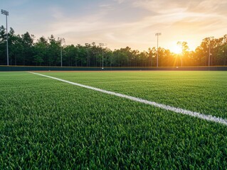 Scenic Sunset Over Baseball Field with Green Grass and Lights