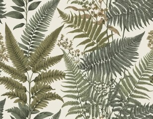 Elegant Botanical Fern and Floral Seamless Pattern, Vintage Style Pressed Plants