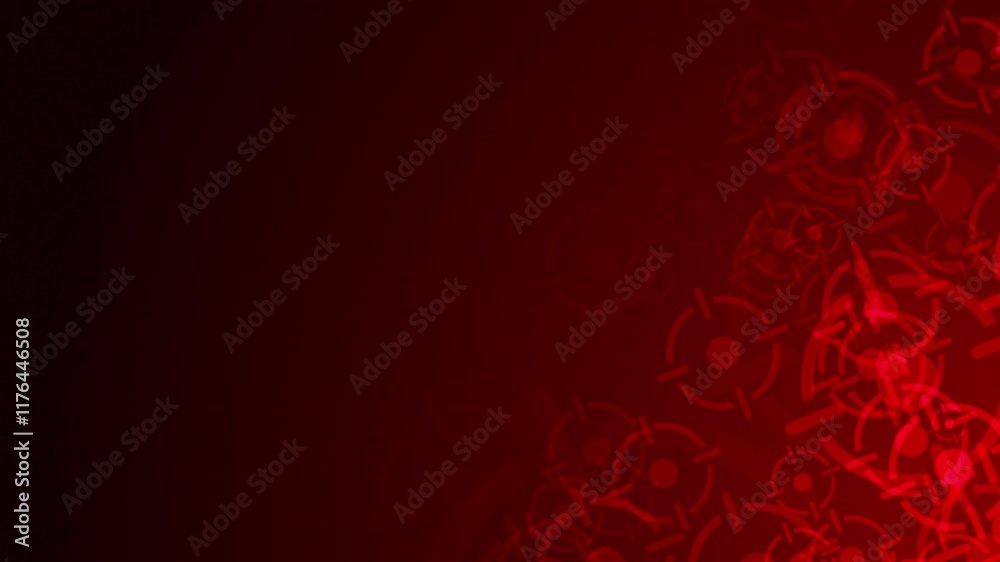 Poster red accurate icon shapes are moving from the bottom right of a gradient grid abstract background, ho