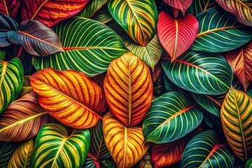 Vibrant Tropical Leaf Pattern: Vintage Style Bold Color Texture Stock Photo