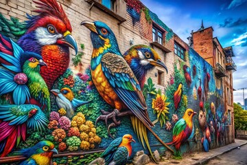 Vibrant Urban Wildlife Mural: Birds & Animals in Intricate Design