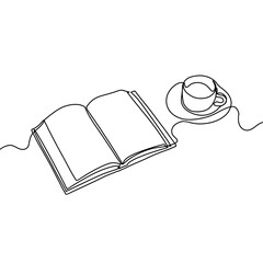 Single continuous line drawing of books with a cup of coffee above on library desk. Business and...