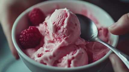 A bowl of pink raspberry ice cream with fresh raspberries and a spoon.