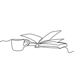 Single continuous line drawing of books with a cup of coffee above on library desk. Business and education concept. One line draw coffee and books.
