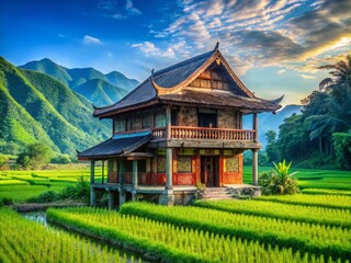 Vibrant Vietnamese Ethnic Minority House in Lush Rice Paddy Landscape