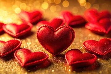 Fototapeta premium Golden light illuminates vibrant red felt hearts; a macro Valentine's Day detail.
