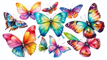 Vibrant Watercolor Butterflies: Hand-Painted Bright Butterfly Illustrations Isolated on White Background