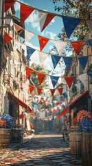 Fototapeta premium Festive Cobblestone Street Bunting Flowers Summer