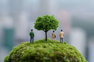 Miniature Figures Standing on a Green Mossy Hill with a Tree