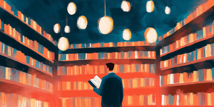 Artistic Library Setting with Antique Details and a Lone Reader, Captured in a Vintage, Enigmatic Style