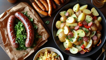 Warm German Potato Salad with Sausages and Fresh Ingredients on Rustic Wooden Table