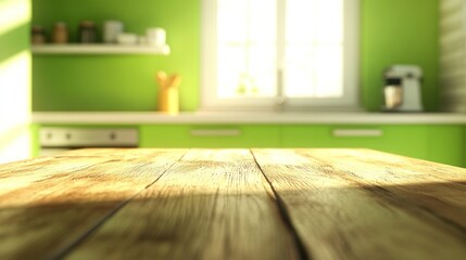 A bright kitchen scene with a wooden table and green walls, emphasizing a cozy atmosphere.