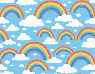 Rainbow Clouds Seamless Pattern: Colorful Sky Background Illustration