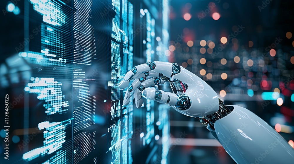 Poster robot hands interacting with virtual stock data visualized in 3d, [virtual trading], [ai visualizing