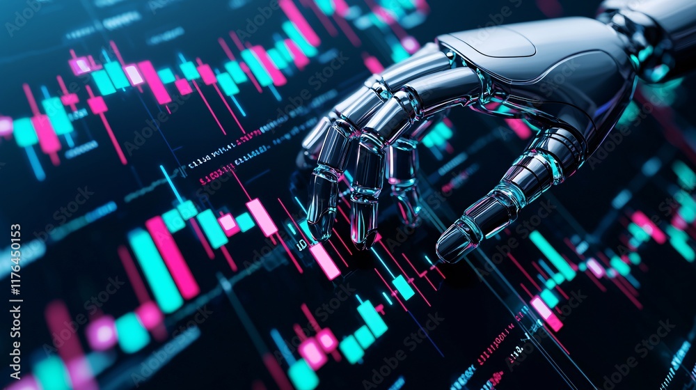 Poster robot hands interacting with virtual stock data visualized in 3d, [virtual trading], [ai visualizing