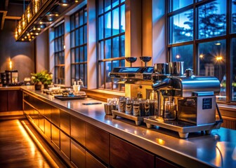 Long-exposure photography captures a coffee shop's nighttime ambiance, highlighting the illuminated bar and inviting barista station.
