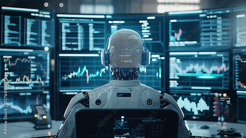 Poster complex algorithm projected as a hologram from a robotic trader, [holographic finance], [ai-driven f