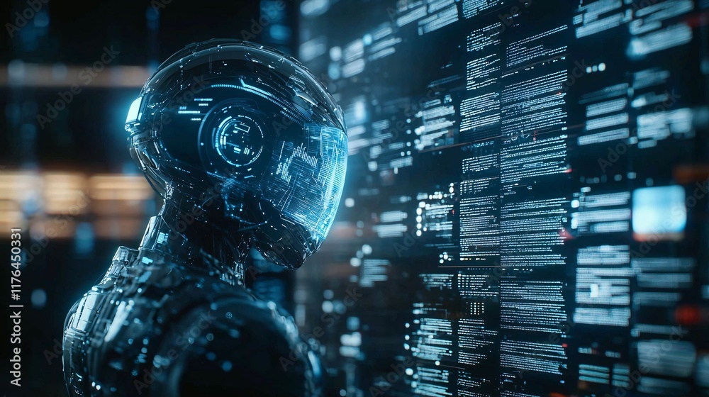 Poster complex algorithm projected as a hologram from a robotic trader, [holographic finance], [ai-driven f