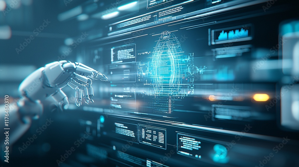 Poster complex algorithm projected as a hologram from a robotic trader, [holographic finance], [ai-driven f