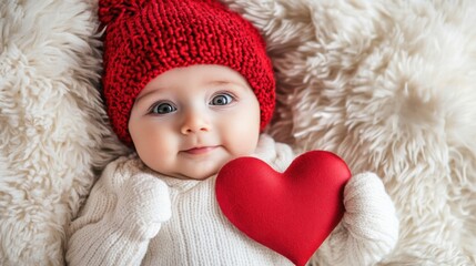 a baby wearing a red hat holding a red heart