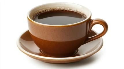 A brown coffee cup filled with black coffee on a matching saucer.