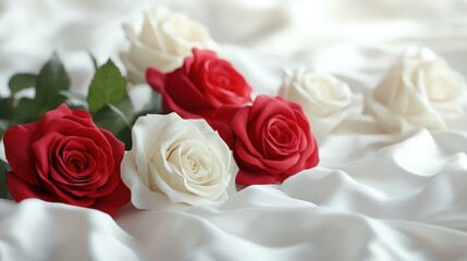Fototapeta premium Elegant Red and White Roses Displayed on Soft White Sheets Creating a Serene and Romantic Atmosphere with Copy Space