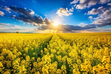 Fototapeta premium Vibrant Yellow Rapeseed Field Blossoming Under a Sunny Blue Sky - Stunning Spring Landscape
