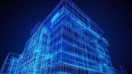 Abstract Architectural Skyscraper Wireframe, Futuristic City Design, Low Angle View, 3D Rendering &ndash; Potential for Architecture, Design, or Technology Stock

