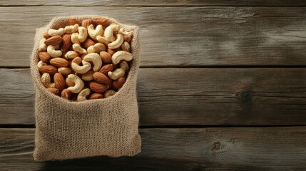A burlap sack filled with a variety of nuts on a wooden surface.