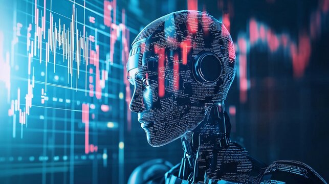 Binary code cascading into a robot s head while stock charts are projected around it, [AI data processing], [algorithmic trading data streams]
