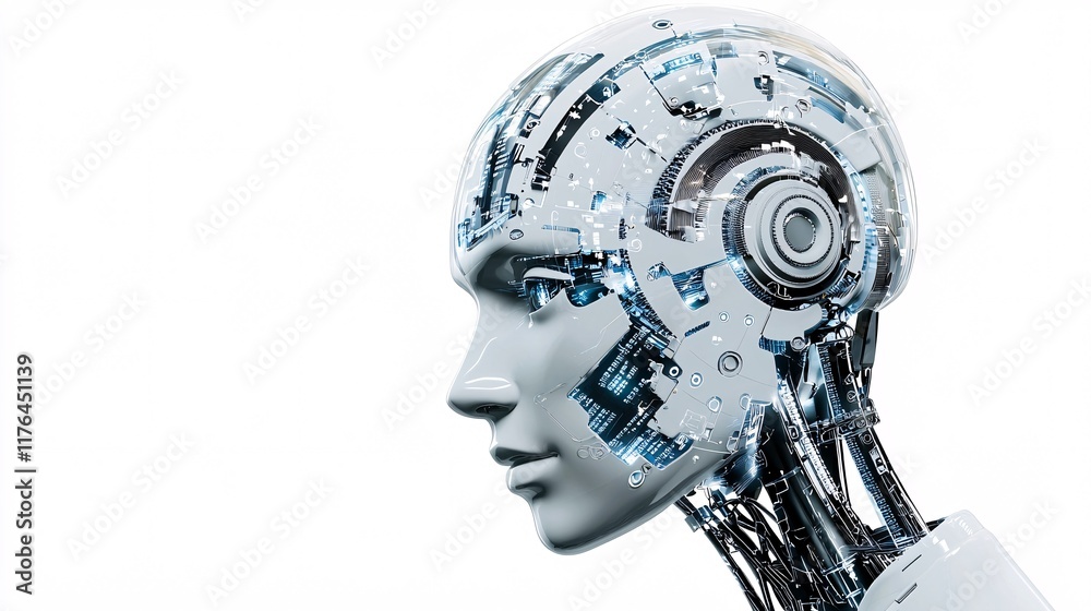 Poster mechanical gears turning inside a robotic head while it processes real-time stock data, [precision],