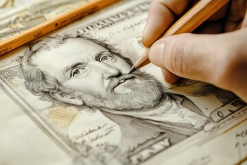 Naklejka premium Hand sketching a detailed portrait on currency.