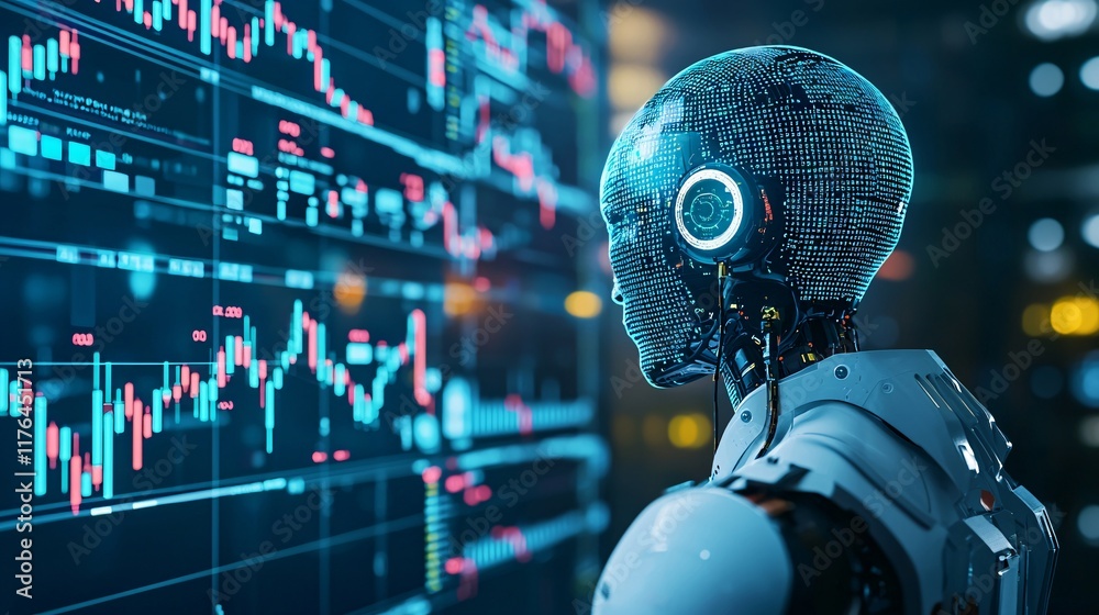 Poster Robot writing and adjusting code in real-time as stock graphs update on multiple screens, [real-time trading], [AI responding to live financial data]