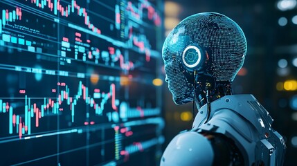 Robot writing and adjusting code in real-time as stock graphs update on multiple screens, [real-time trading], [AI responding to live financial data]