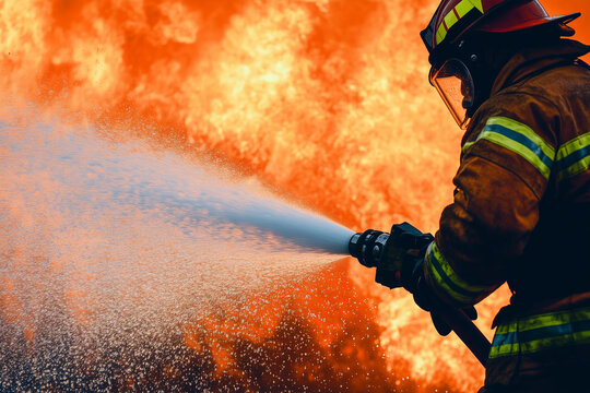 Firefighter in full gear spraying white foam from a spray gun against an intense red flame backdrop.
