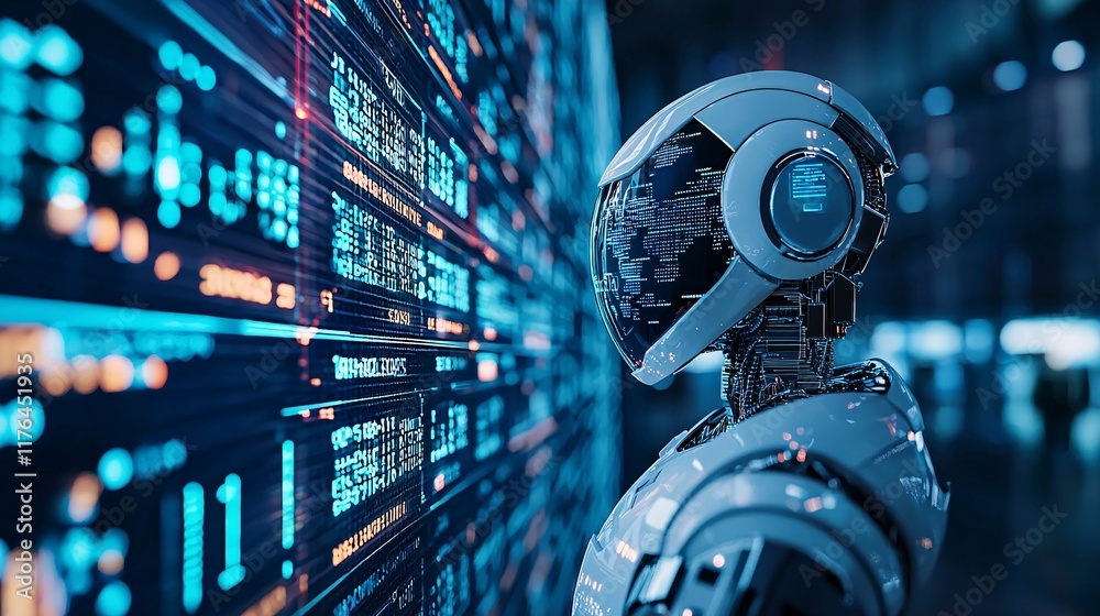 Poster digital stock numbers and robotic figures floating in a futuristic trading space, [virtual markets],