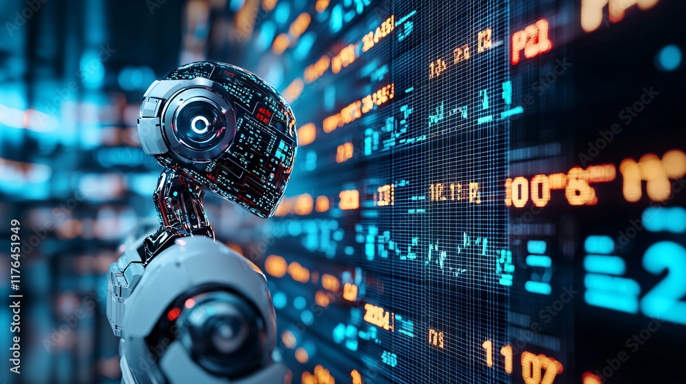Poster digital stock numbers and robotic figures floating in a futuristic trading space, [virtual markets],