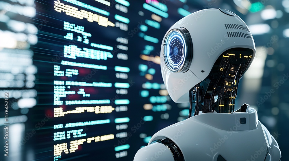Poster robot standing in front of a digital screen with stock trends projected behind it, [data-driven deci