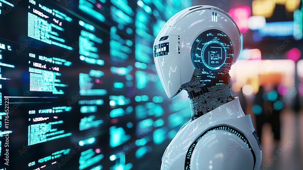 Poster robot standing in front of a digital screen with stock trends projected behind it, [data-driven deci