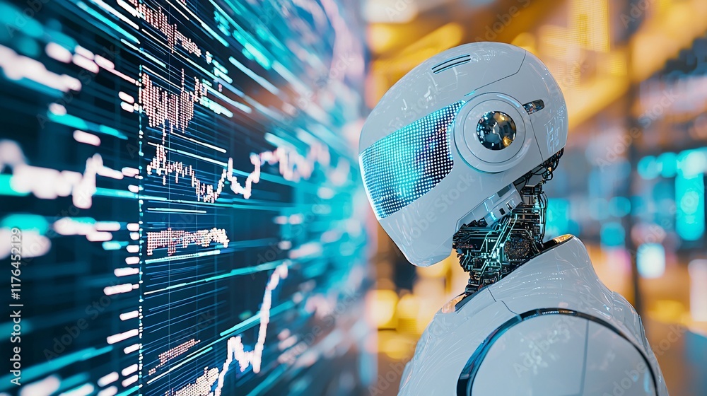 Poster robot standing in front of a digital screen with stock trends projected behind it, [data-driven deci