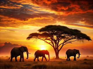 Obraz premium Vintage African Sunset: Elephants & Acacia Silhouettes