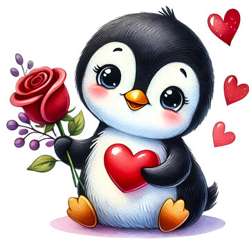 Happy Valentine's Day, Watercolor Clipart of a cute happy penguin with hearts, isolated on a white background. Holiday Illustration