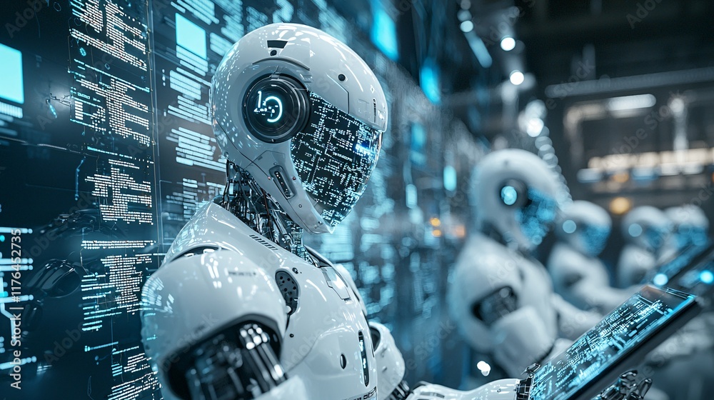 Poster holographic trading floor with robots analyzing real-time stock data, [advanced technology], [automa