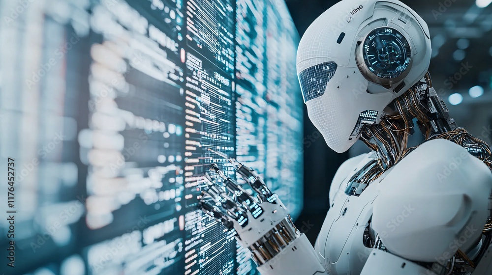 Poster holographic trading floor with robots analyzing real-time stock data, [advanced technology], [automa