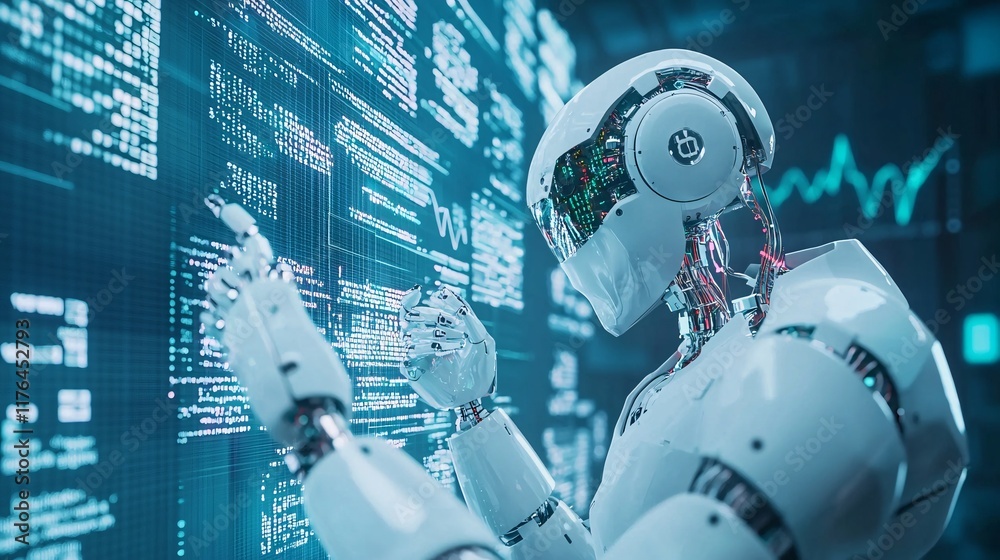 Poster futuristic trading bots exchanging binary code instead of currency, [digital trading], [virtual tran